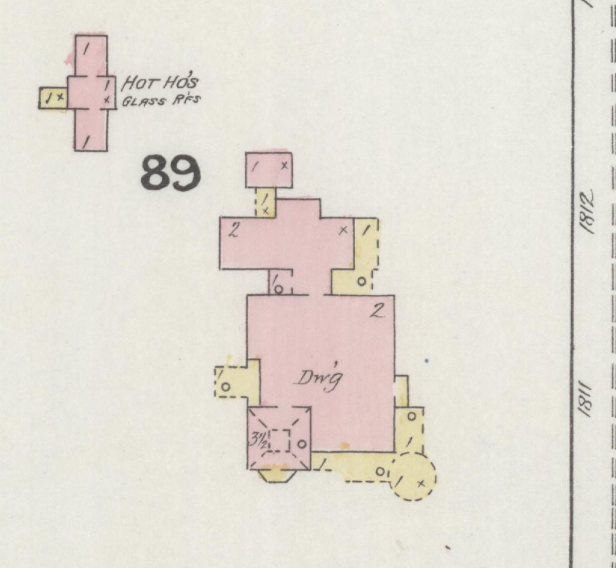 Sanborn fire insurance map detail from August 1889 showing the house in block 89 as a pink brick dwelling with a three-and-a-half storey tower and a circular porte-cochere, with a separate cross-shaped building labelled Hot Ho's, Glass Rf's.